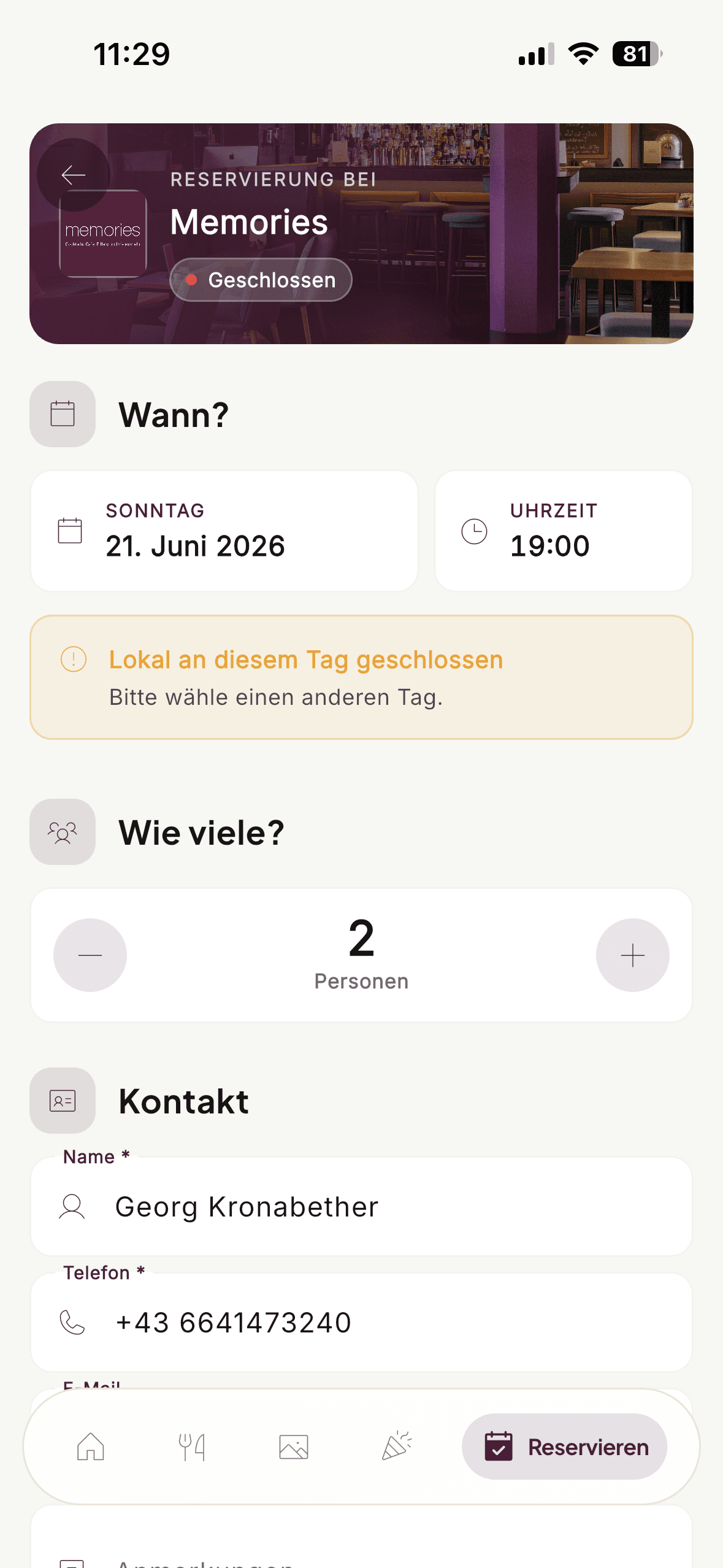 Tischreservierung in der Tenderist App